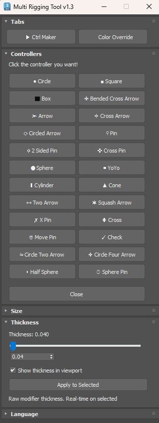 Multi Rigging Tool v1.3 — 24개 컨트롤러 셰이프 + 컬러 오버라이드 (3ds Max · 4개국어) — Gallery 1